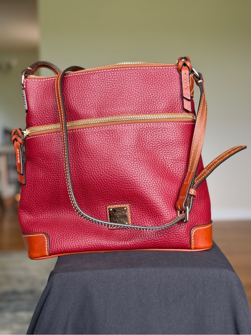 Dooney & Bourke Red Pebble Leather Crossbody Bag with Brown Trim